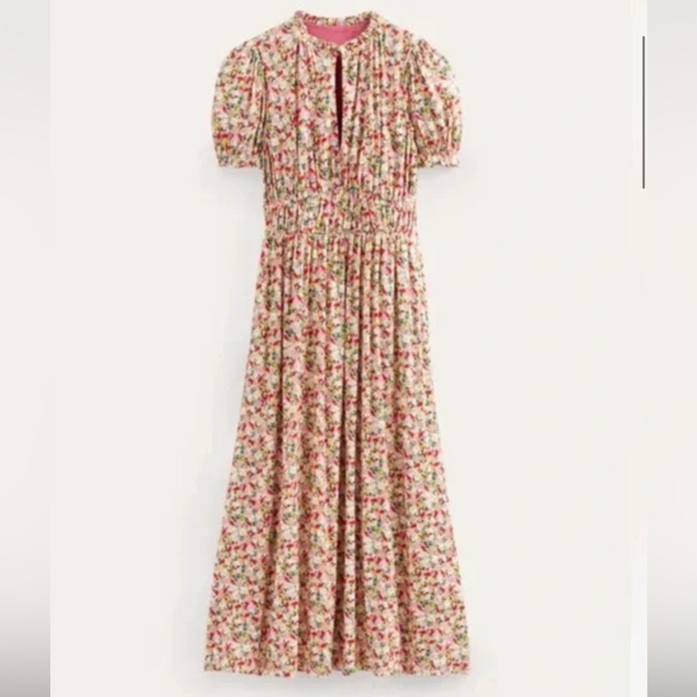 Boden Floral Midi Dress in Cream with Pink and Green - Picture 4 of 7